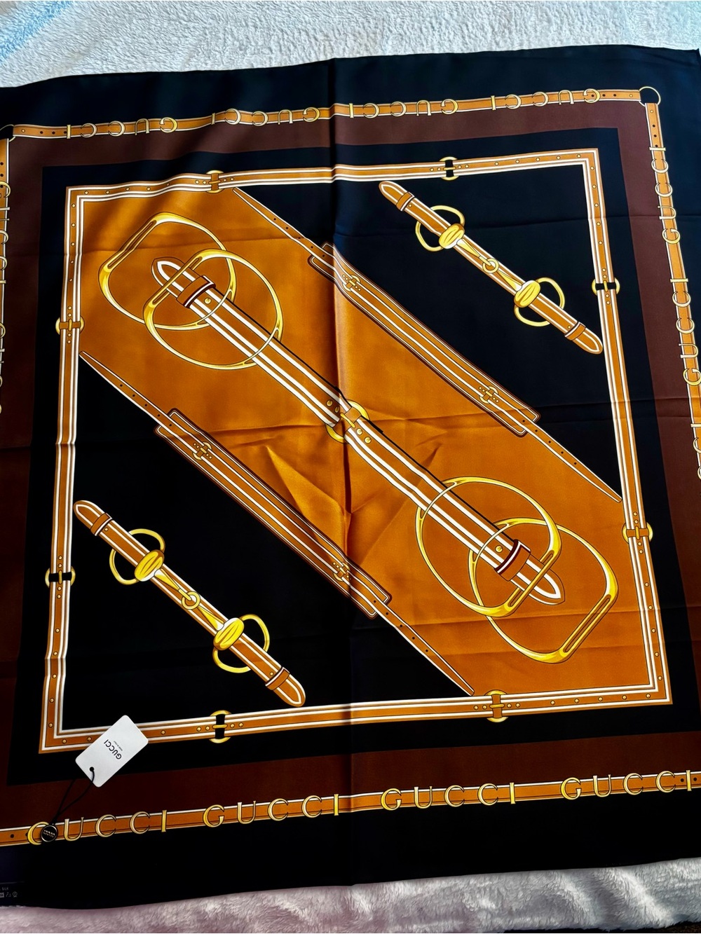 GG Black and Brown Silk Pocket Square with Gold Hardware Motif